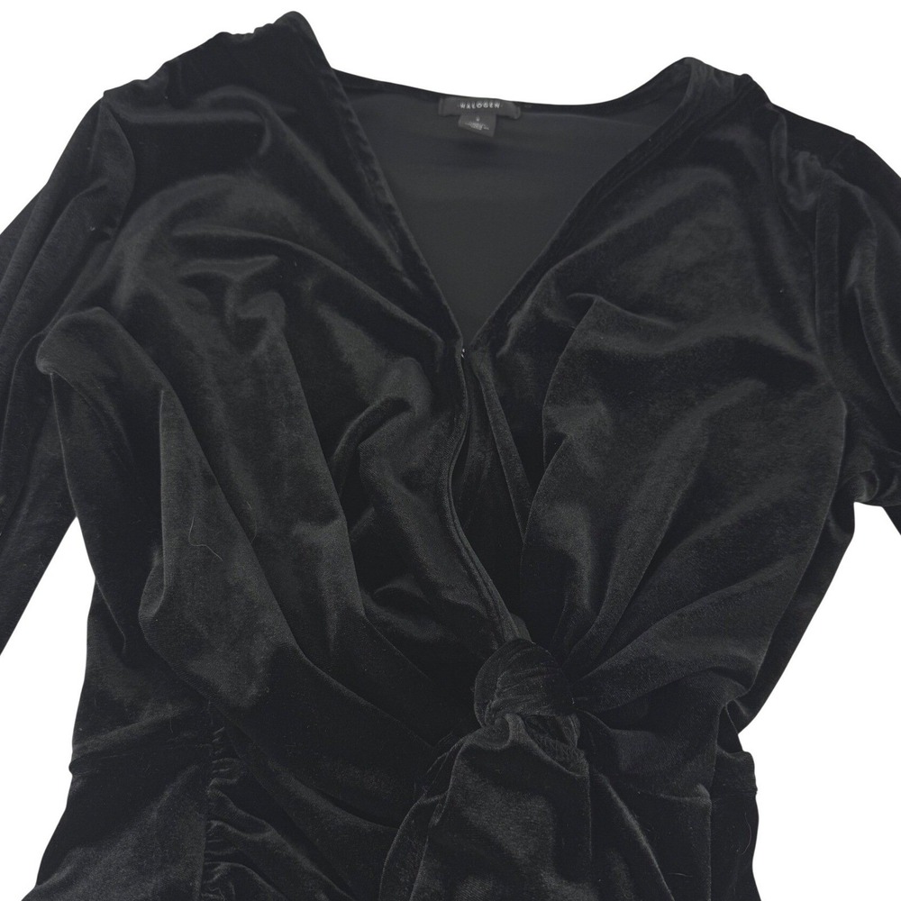 Halogen S Black Velvet Faux Wrap V Neck Knot Long Sleeve Midi Women Dress Goth - Picture 9 of 12